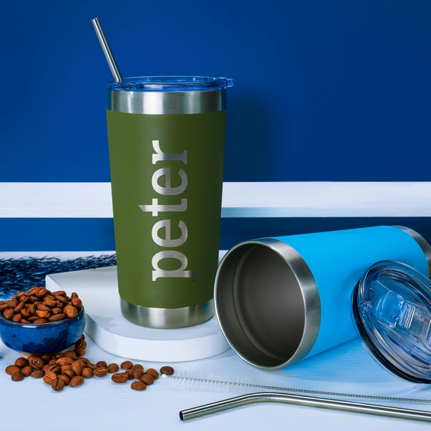 Personalized Tumblers, Stainless Steel 20 oz Tumbler w/Lid | 13 Designs | Personalized Cups Double Walled Insulated Coffee Cup for, Gym, Fitness | Hot and Cold Drink Use - Black