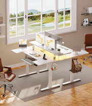 U Shaped Electric Standing Desk with Keyboard Tray, 55 Inch Height Adjustable Desk with Power Outlets & LED Lights, Sit Stand Table with Monitor Stand for Home, Office, White