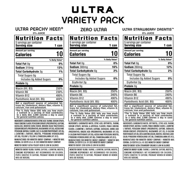 Monster Energy Ultra 3 Flavor Variety Pack, Zero Ultra, Ultra Peachy Keen, Ultra Strawberry Dreams, Sugar Free Energy Drink, 16 Ounce (Pack of 12)