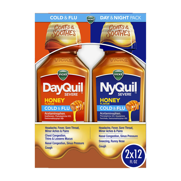 VICKS DayQuil & NyQuil SEVERE Honey Flavor Co-Pack, Cold & Flu Medicine, Relieves Headache, Fever, Sore Throat, Minor Aches & Pains, Nasal Congestion, Sinus Pressure, Stuffy Nose, and Cough, 2x12oz