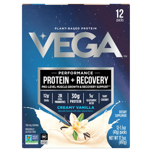 Vega Sport Vegan Protein Powder + Recovery - 30g Plant Based Protein per Serving, Chocolate, 19 Servings, 5g BCAAs, Probiotics, NSF Certified, For Shakes & Smoothies, 1.8lbs (Packaging May Vary)