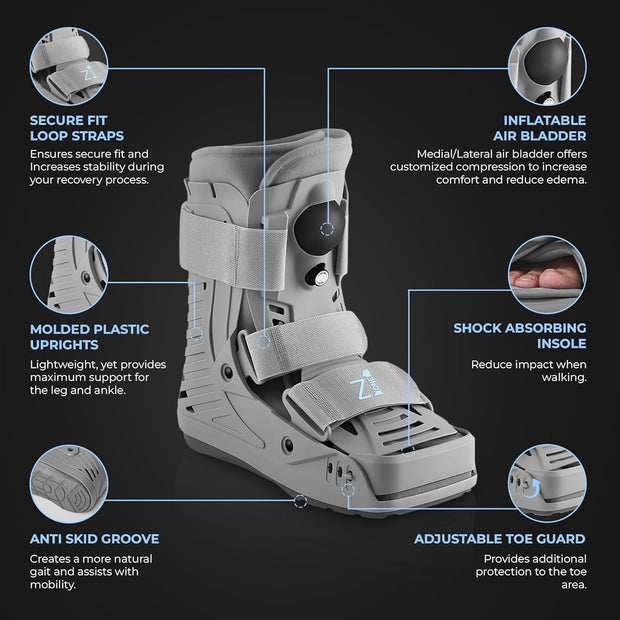 Z1 A12 Short Air Walker Ankle Fracture Boot - Orthopedic Walking Boot for Sprained Ankle, Injury - Support for Broken Foot & stability Stress Fracture Recovery Fits Left & Right Foot Men & Women (XL)