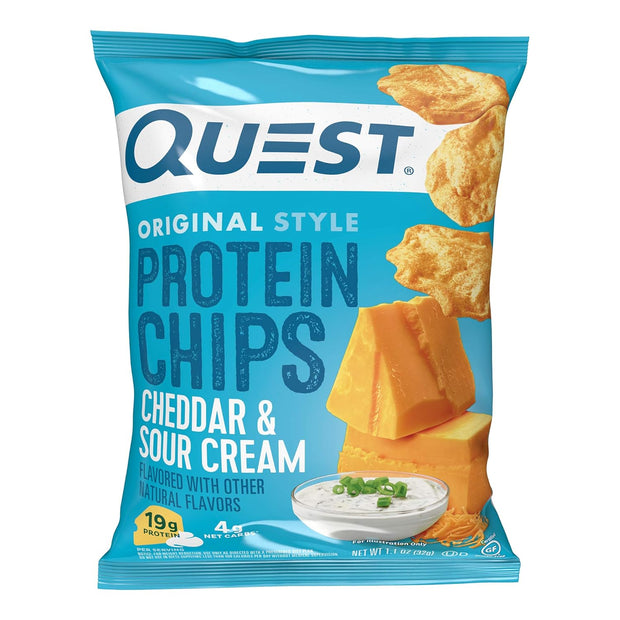 Quest Nutrition Cheddar & Sour Cream Protein Chips, 19g Protein, 4g Net Carbs, Low Carb, Gluten Free, 1.1 oz (Pack of 12)