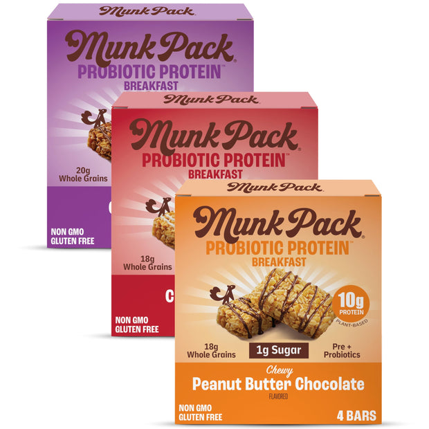 Munk Pack Peanut Butter Probiotic Protein Bars Stocking Stuffers | 10g Plant Protein, 1g Sugar, 6g Fiber | Diabetic-Friendly Ideal Breakfast Bars - On-the-Go Snacks, Gluten-Free, Non-GMO | 12 Count