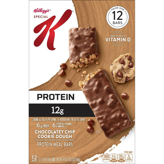 Special K Bar Protein Meal Bars, 12g Protein Snacks, Meal Replacement, Chocolatey Chip Cookie Dough, 19oz Box (12 Count)