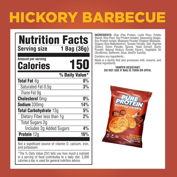 Pure Protein Popped Crisps, Hickory Barbecue, High Protein Snack, 12G Protein, 1.27oz., 12 Count