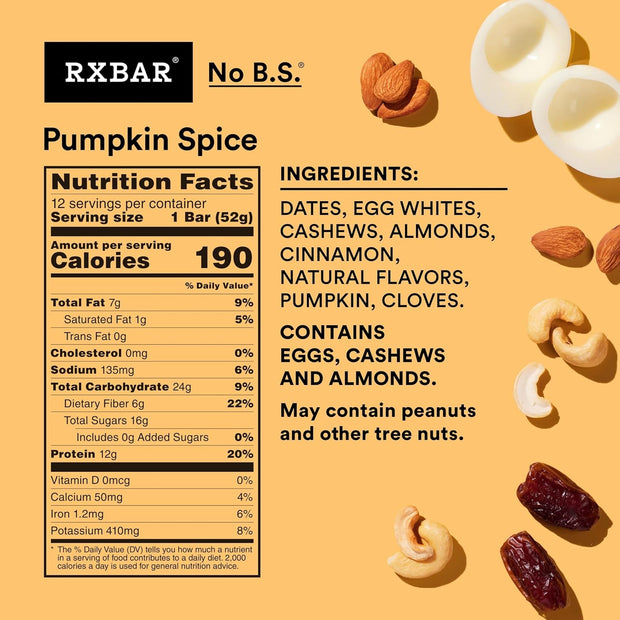 RXBAR Protein Bars, Protein Snack, Snack Bars, Pumpkin Spice, 22oz Box (12 Count)