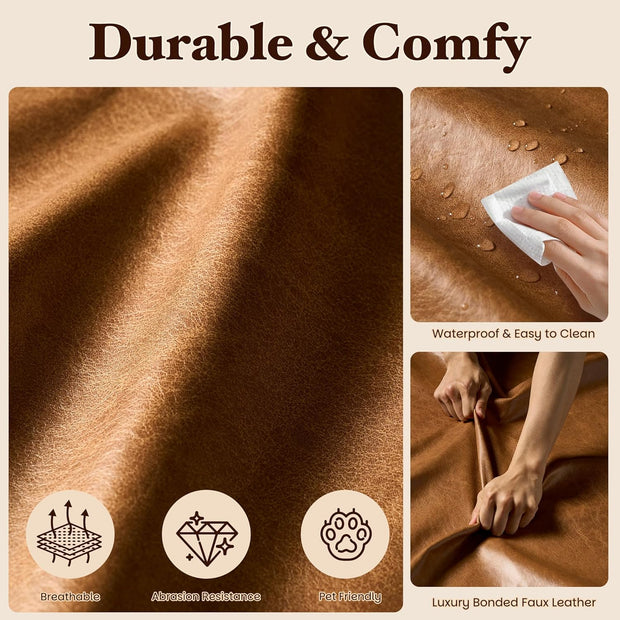 114" Boneless Couches for Living Room, Brown Faux Leather Cloud Sectional Couches with Chaise, Deep Seat L Shaped Modular Sofa, No Assembly Required Sofas in a Box (Right,Faux Leather,Brown)