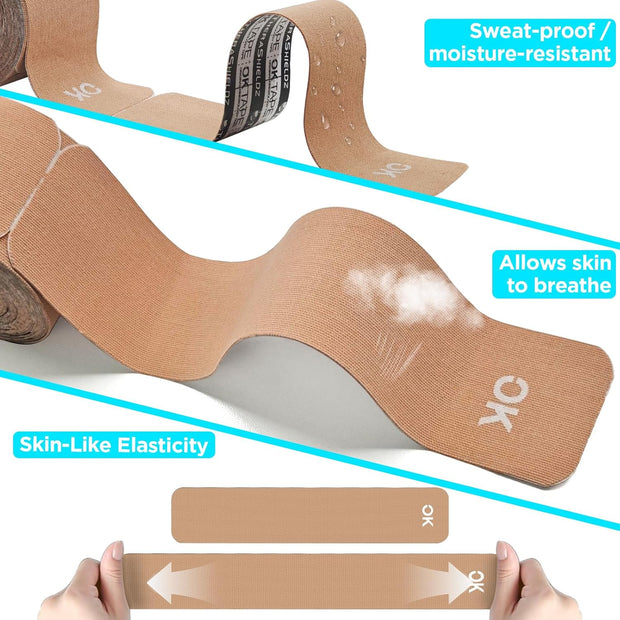 OK TAPE 4 Rolls Kinesiology Tape Precut, Cotton Elastic Athletic Tape Latex Free,20 Strips per Roll 2in x 16ft,Muscle Support,Mixcolor