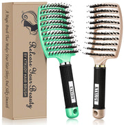 KTKUDY Detangling Brush Getting Knots Out without Pain - Boar Bristles HairBrush Make Hair Shiny & Healthier Vented Detangler Brush for Women Men Kids Wet and Dry Hair (Gold & Green)