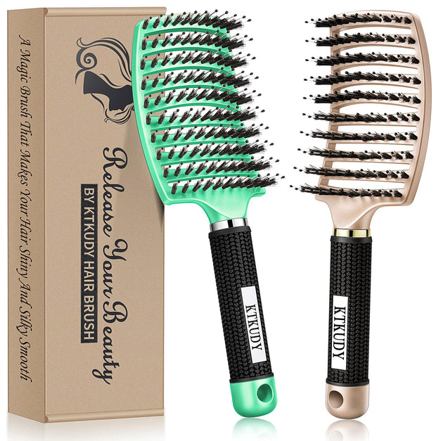KTKUDY Detangling Brush Getting Knots Out without Pain - Boar Bristles HairBrush Make Hair Shiny & Healthier Vented Detangler Brush for Women Men Kids Wet and Dry Hair (Gold & Green)