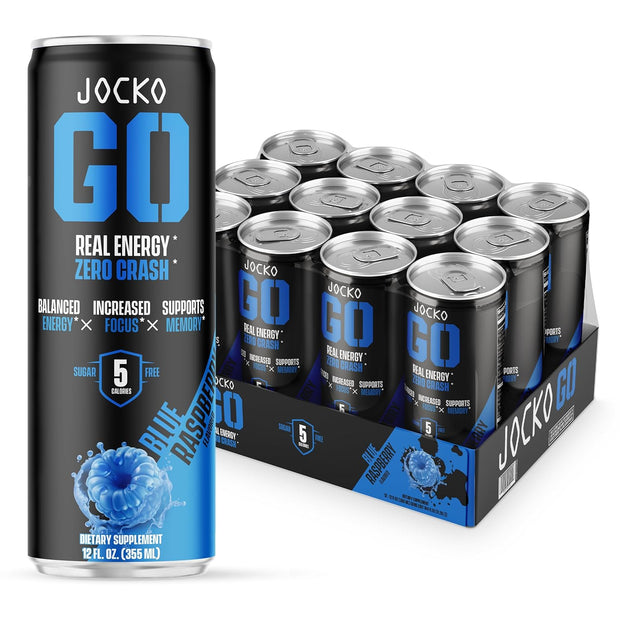 Jocko Fuel Blue Raspberry Energy Drink, 12 Pack, 0 Sugar, 95mg Caffeine, Supports Brain Health