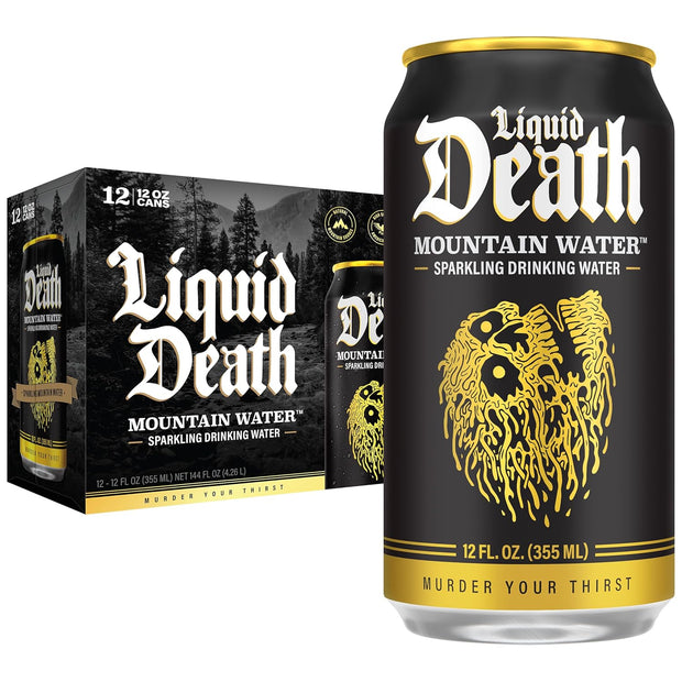 Liquid Death, Sparkling Mountain Water, 12-Pack (12oz Cans), Real Mountain Source, Infinitely Recyclable Ice-Cold Cans, American Made