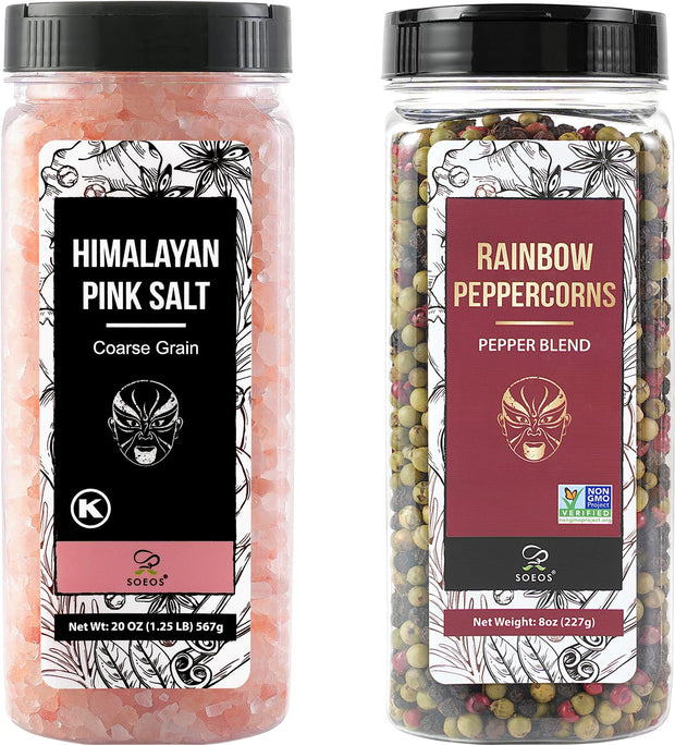 Soeos Himalayan Pink Salt 39 oz + Whole Black Peppercorns 18 oz, Coarse Grain, Kosher Salt for Grinder Refill, Salt and Pepper Grinder, Non-GMO Verified, Spice Seasoning Set for Cooking