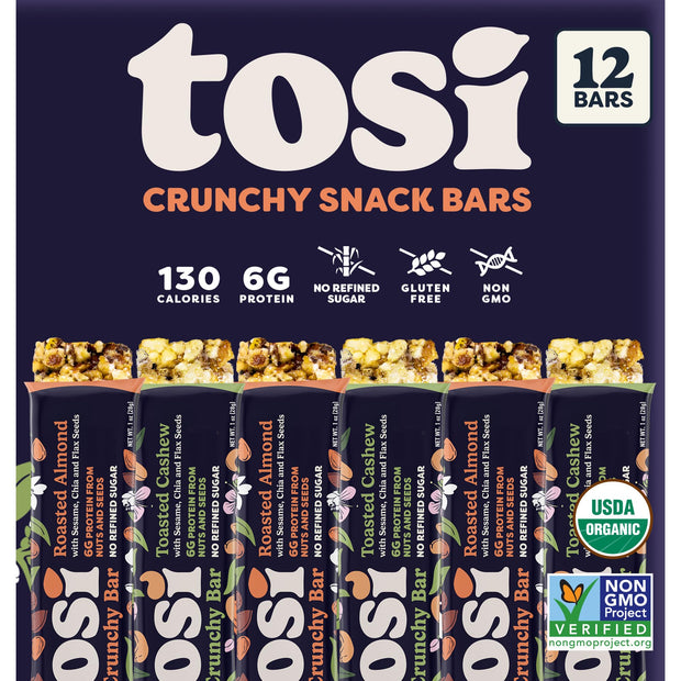 Tosi Cashew Variety Pack Protein Bars, Plant Based with Nuts, Gluten-Free Crunchy Snacks, Vegan, Organic, Flax & Chia Seeds, Soy-Free, Omega 3s, 5G Protein, 1 oz, 12-Pack
