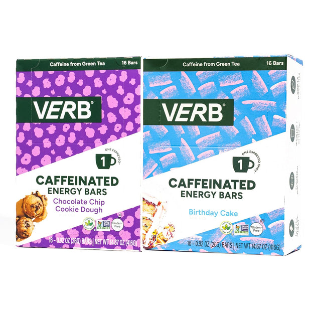 Verb Energy Bars Bundle – Chocolate Chip Cookie Dough & Birthday Cake – Caffeinated Snack Bars – 32 Pack – Vegan, Gluten-Free, 110-Calorie Energy Bars with Organic Green Tea