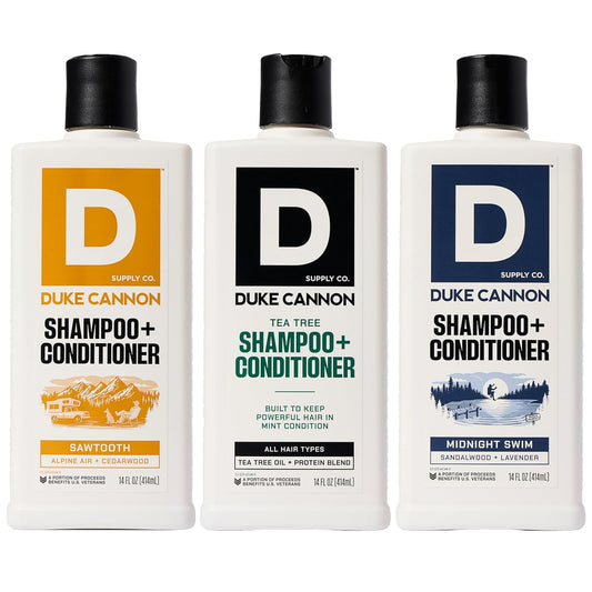 Duke Cannon Supply Co. 2-in-1 Hair Wash - Masculine Scent - Gentle Cleansing Hair Wash For Men - Stimulating Hair Shampoo & Conditioner - Tea Tree & Midnight Swim & Sawtooth- 3 Pack (14 oz)
