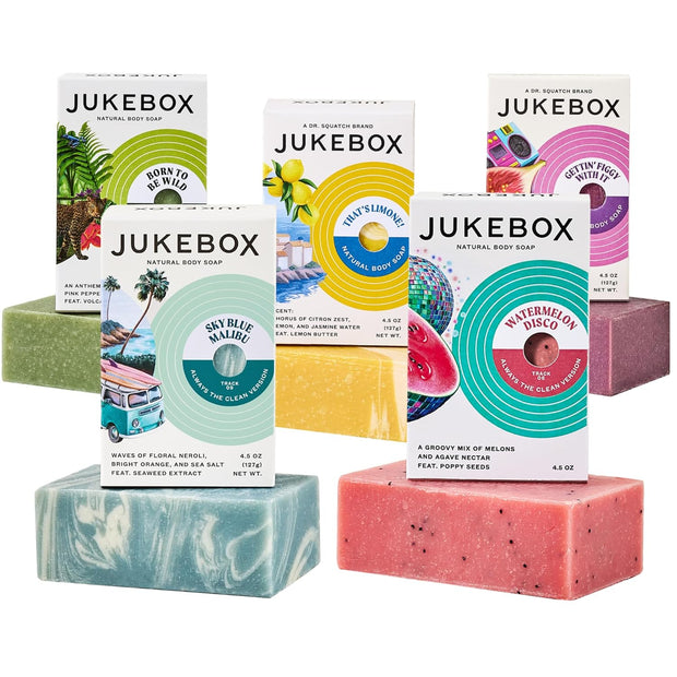 JUKEBOX Soap Sampler Gift Pack- 5 Bar Soaps- Gettin' Figgy With It, Skyy Blue Malibu, Watermelon Disco, That's Limone, Born To Be Wild
