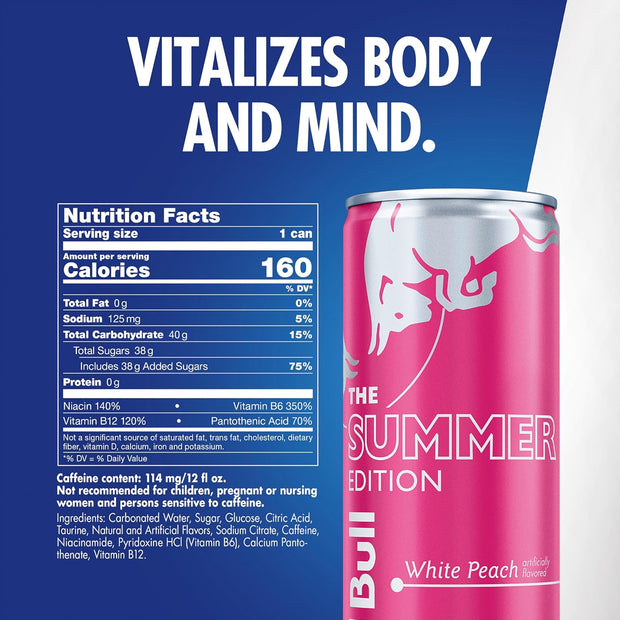 Red Bull Summer Edition Energy Drink, White Peach, 12 fl. oz., Case of 24 cans, with 114mg Caffeine, Taurine & B Vitamins