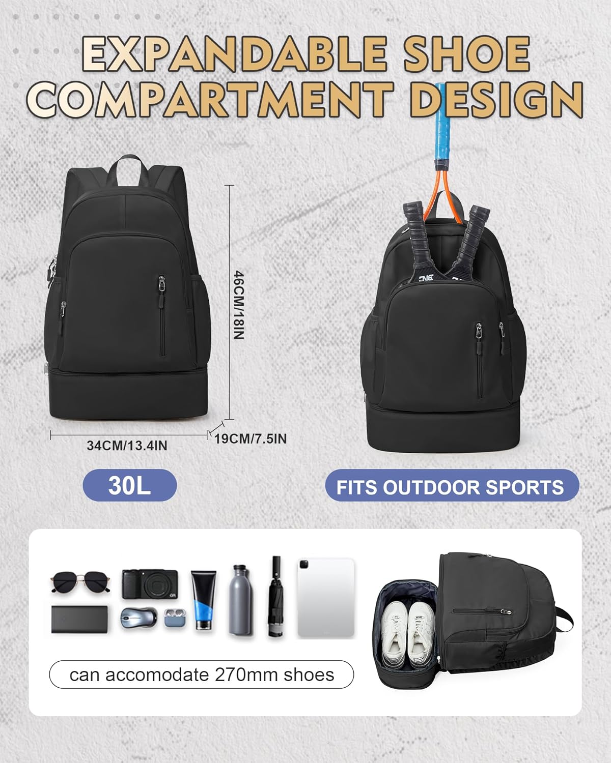 Gym Backpack for Women Men, Lightweight Gym Bag with Shoe Compartment, Waterproof Sports Backpack with Wet Pocket, Black