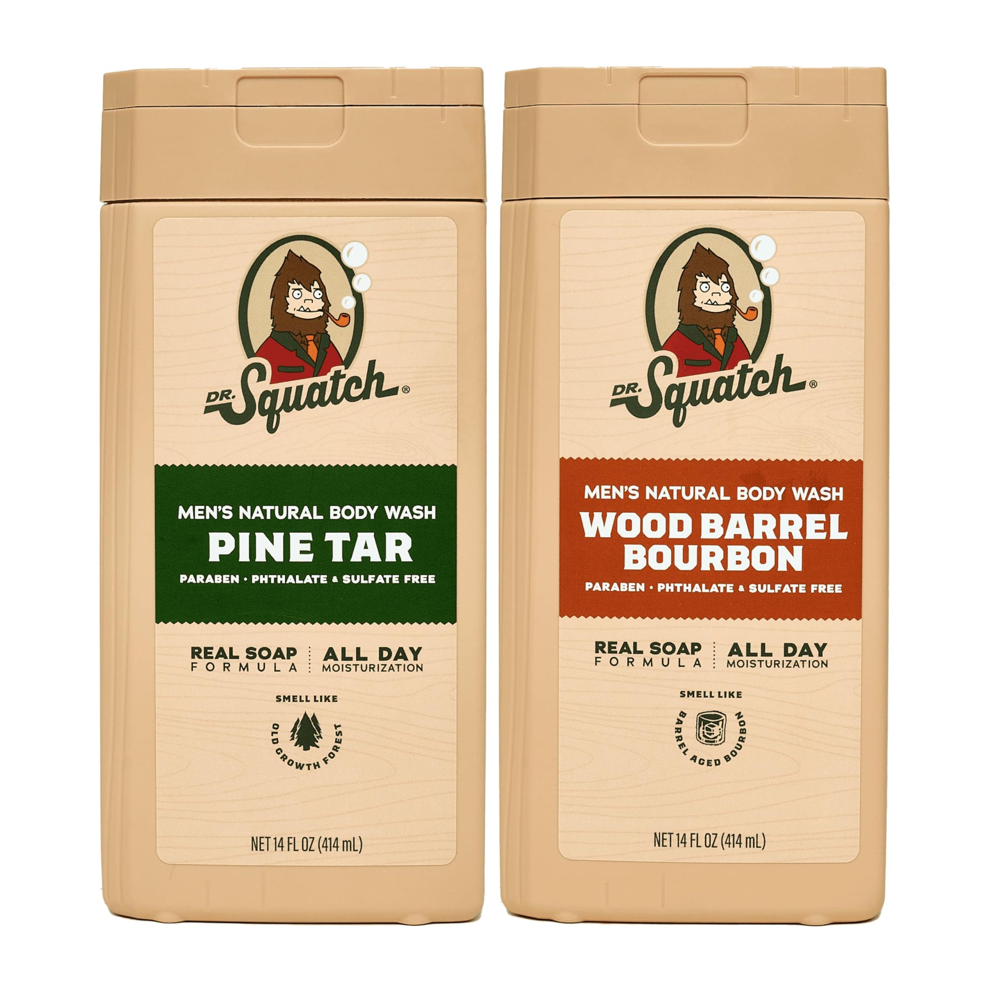 Dr. Squatch NEW Body Wash for Men with Nourishing, Natural Ingredients | No Paraben, Phthalate, Sulfate | All Day Moisture | Long Lasting Scent | Coconut Castaway & Wood Barrel Bourbon (14 oz, 2-Pack)