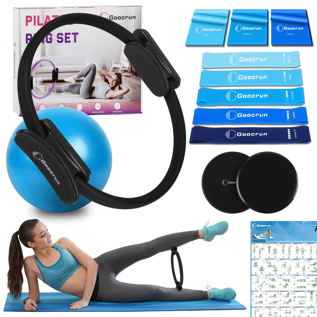 Pilates Ring Set Exercise Equipment with Exercise Bands Resistance Bands Set, Pilates Ball, Sliding Disks – Workout Equipment Home Gym Includes Complete Fitness Poster