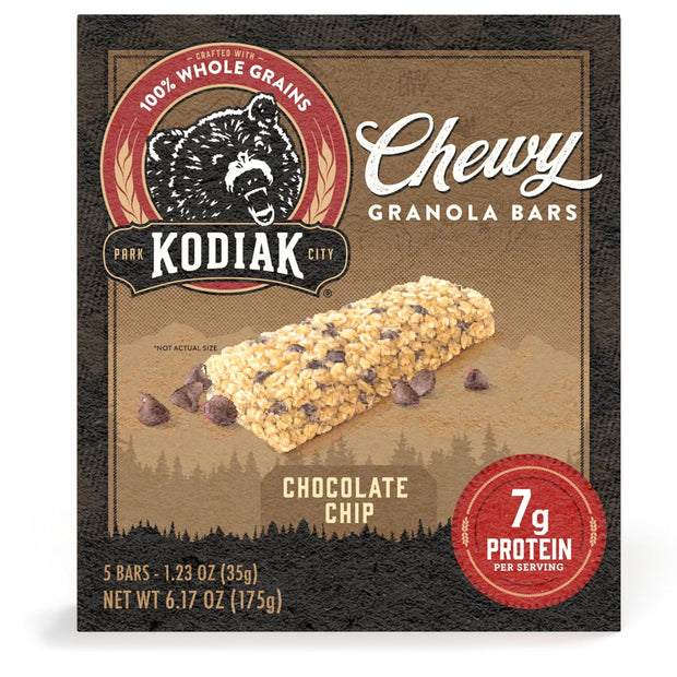 Kodiak Cakes Chewy Granola Snack Bars, Chocolate Chip, High Protein, 100% Whole Grains, 12 boxes with 5 bars each (60 bars total)