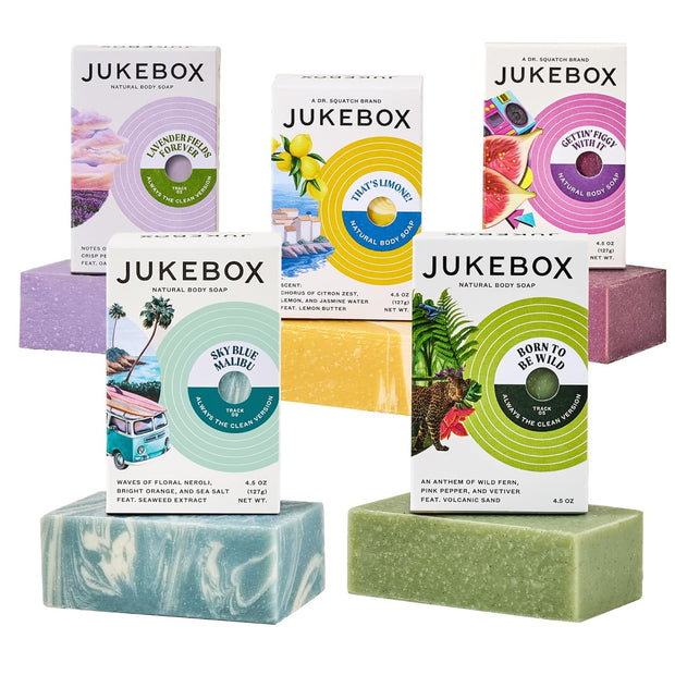 JUKEBOX Soap Sampler Gift Pack- 5 Bar Soaps- That's Limone, Gettin' Figgy With It, Skyy Blue Malibu, Lavender Fields Forever, Born To Be Wild