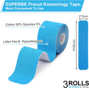 SUPERBE Precut Kinesiology Tape (3 Rolls Pack), Elastic Sports Tape for Pain Relief, Muscle Support, Recovery and Physio Therapy, Breathable, Waterproof (Black)