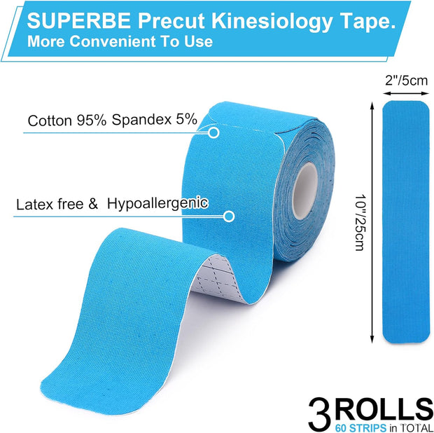 SUPERBE Precut Kinesiology Tape (3 Rolls Pack), Elastic Sports Tape for Pain Relief, Muscle Support, Recovery and Physio Therapy, Breathable, Waterproof (Black)