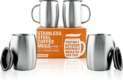 Stainless Steel Coffee Mugs with Lid (Set of 4) -14 oz Double Walled Coffee Glasses perfect for Travel, Outdoor, Camping. Vacuum, Shatterproof, Durable Coffee Mug