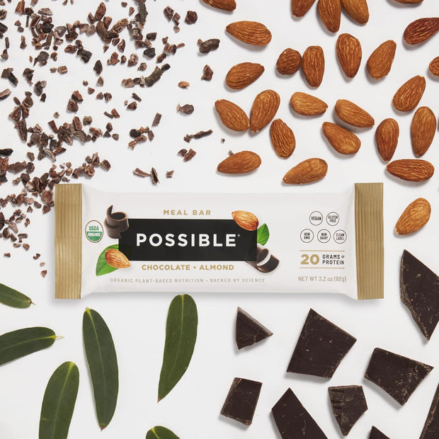 POSSIBLE Meal Bar - High Protein Energy Bars with 20g of Organic Plant-Based Protein - Vegan, Gluten-Free, Non-Dairy - USDA Organic - Clean Label - 1 Box, 10 Bars - Chocolate Almond