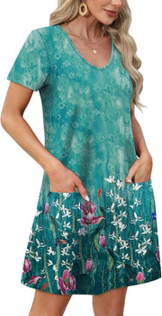 OFEEFAN Summer Dresses for Women 2025 Loose V Neck Short Sleeve Casual T Shirt Dress Sundresses Swimsuit Coverup with Pockets