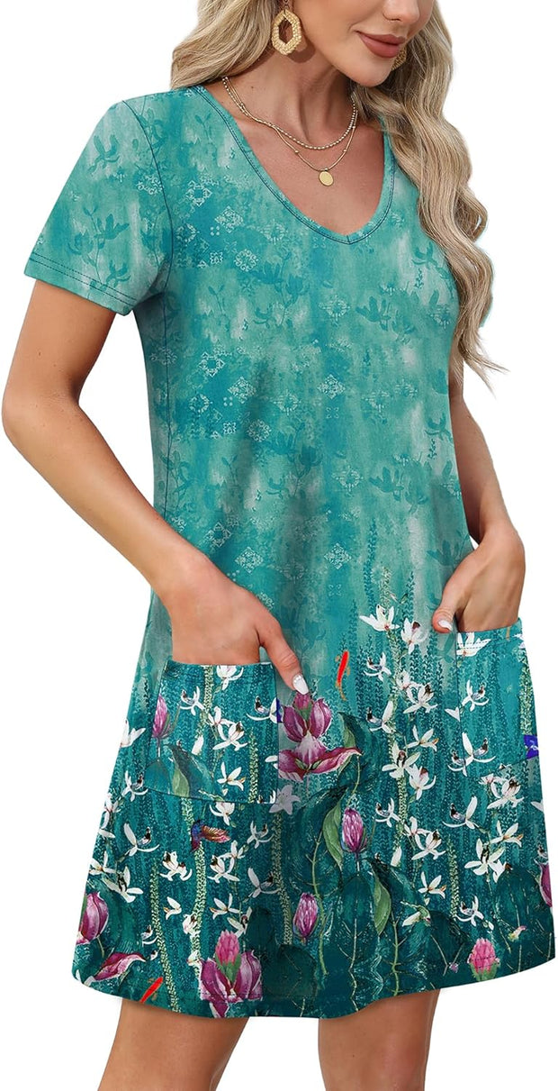 OFEEFAN Summer Dresses for Women 2025 Loose V Neck Short Sleeve Casual T Shirt Dress Sundresses Swimsuit Coverup with Pockets