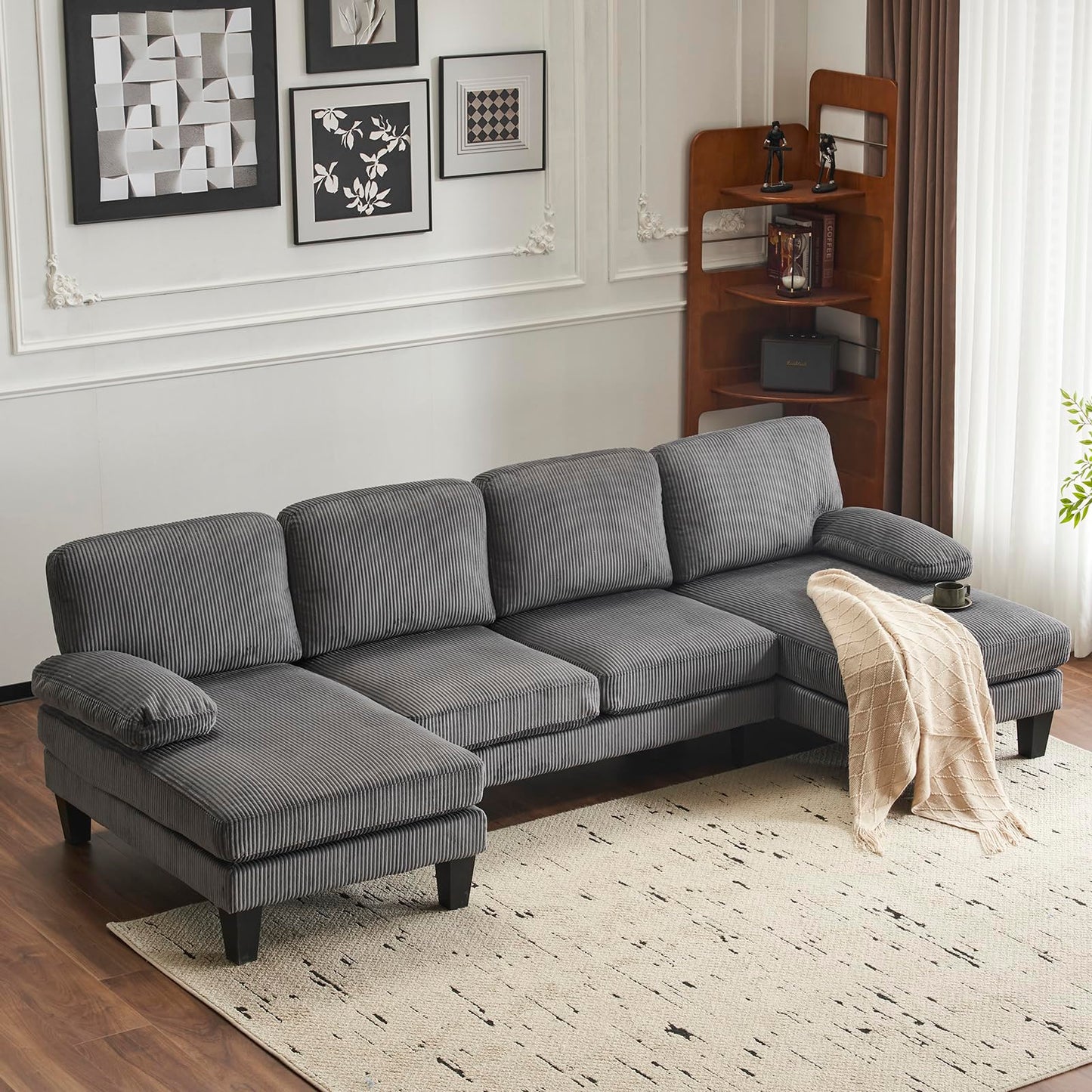 Karl home U-Shape Sectional Sofa Couch 111" Modern 4-Seat Sofa with Chaises Chenille Fabric Upholstered Covertible Couch with Wood Grain Legs for Living Room, Reception Room, Apartment, Beige