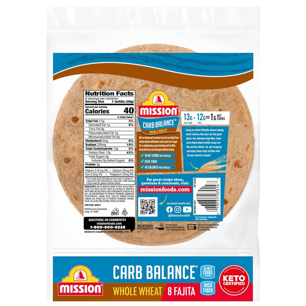 Mission Carb Balance Whole Wheat Flour Tortillas, Fajita Size, 8 Count