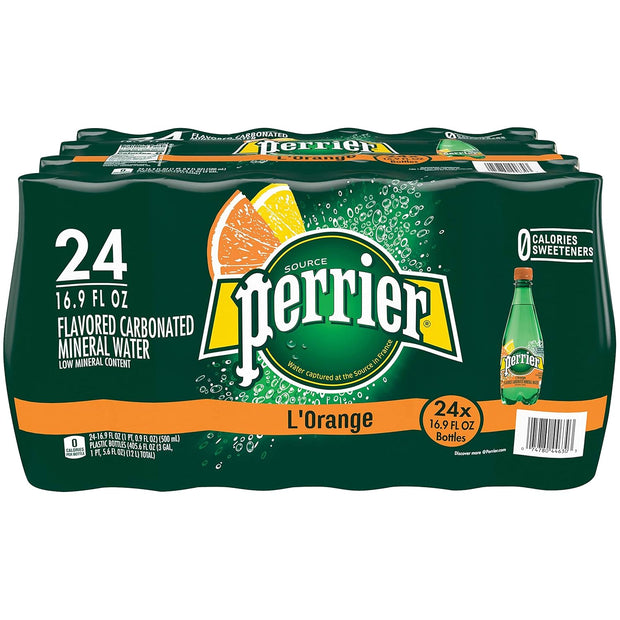 Perrier L'Orange Flavored Carbonated Mineral Water (Lemon Orange Flavor), Plastic Bottles, 16.9 Fl Oz (Pack of 24)