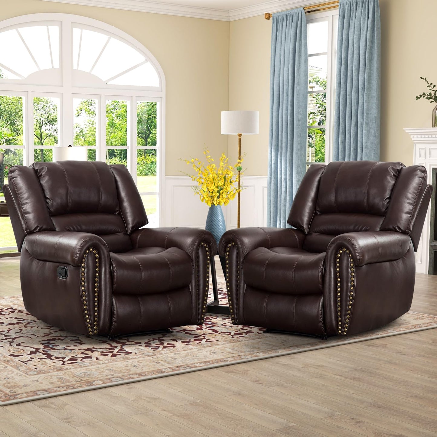 CANMOV Leather Recliner Chair Set of 2, Classic and Traditional Manual Recliner Chair with Comfortable Arms and Back,Manual Single Recliner Sofa for Living Room, Nut Brown