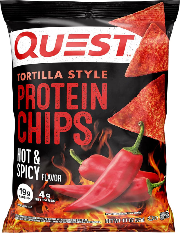 Quest Nutrition Tortilla Style Protein Chips, Hot & Spicy, 19g of Protein, 4g Net Carbs, Gluten Free, 1.1 Ounce (Pack of 12) & Tortilla Style Protein Chips, Chili Lime, Baked, 1.1 Oz, Pack of 12