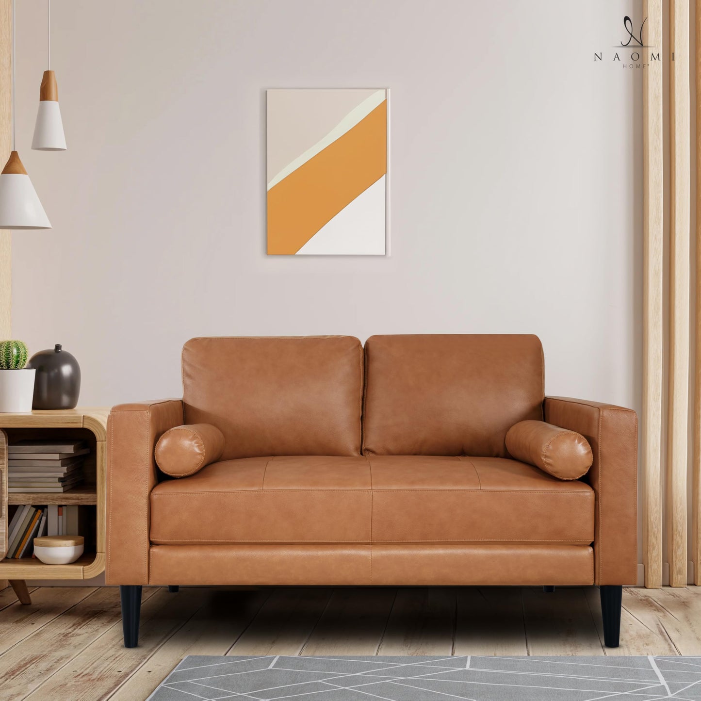 Naomi Home Siggy Genuine Leather Sofa - Set of 3 Luxurious Comfort, Goose Feather Cushion Filling, Square Arm Design, Sturdy Block Legs, Elegant Tan - Ideal for Living Room, Office, or Bedroom