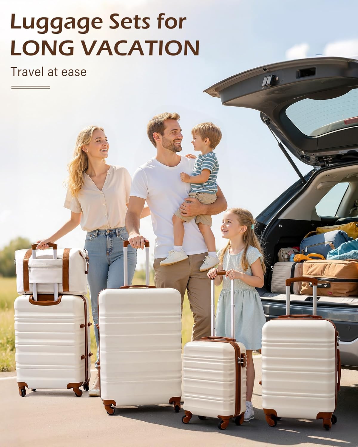 LONG VACATION 6 Piece Luggage Set Carry on Suitcase with ABS+PC hardshell, Spinner Wheels & YKK Zipper TSA Lock (WHITE-BROWN, 6 piece set)