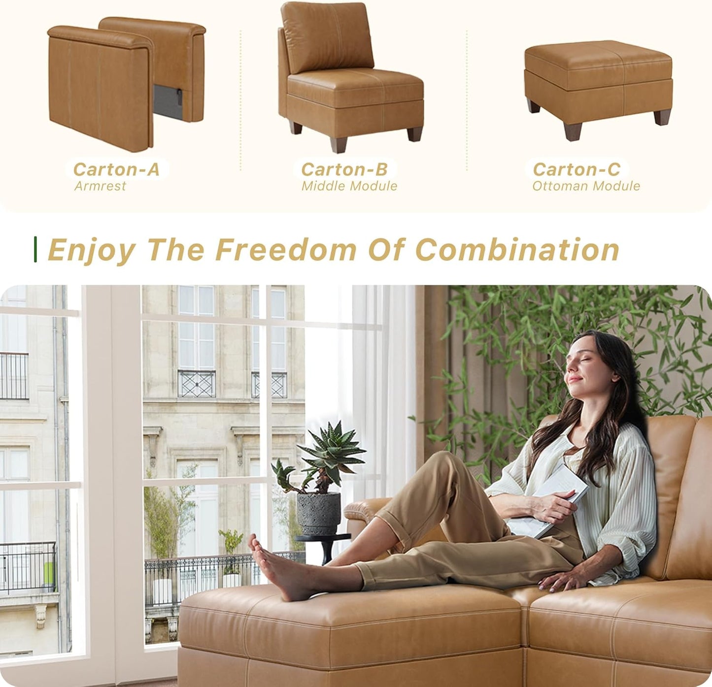 Faux Leather Modular Sectional Couches for Living Room, Modular Convertible U-Shaped Sectioanl Sofa with Storage & Ottoman, Brown