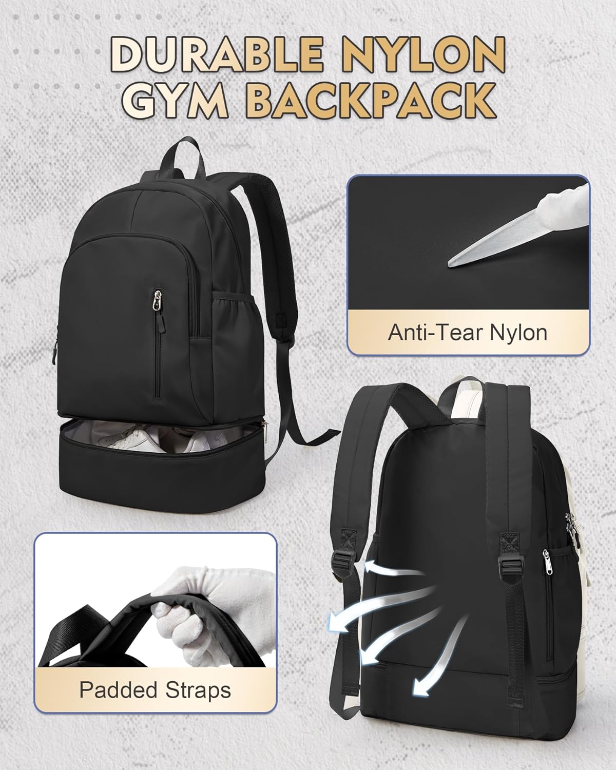 Gym Backpack for Women Men, Lightweight Gym Bag with Shoe Compartment, Waterproof Sports Backpack with Wet Pocket, Black