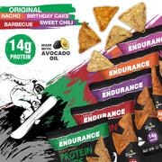 Natural Endurance Protein Chips - Low Carb Chips, High Protein Snack, Vegan Protein with Avocado Oil, 14g Protein Per Bag, Gluten Free, Nacho, BBQ, Chili, Birthday Cake, Original - Variety Pack, 1.38 oz Bags (Pack of 12)