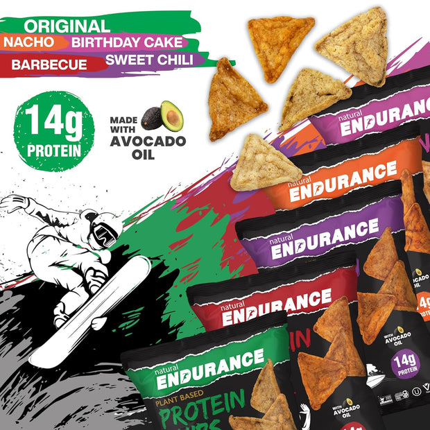 Natural Endurance Protein Chips - Low Carb Chips, High Protein Snack, Vegan Protein with Avocado Oil, 14g Protein Per Bag, Gluten Free, Nacho, BBQ, Chili, Birthday Cake, Original - Variety Pack, 1.38 oz Bags (Pack of 12)
