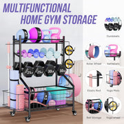 WUC Dumbbell Rack, Adjustable Weight Rack for Home Gym Storage for Dumbbells Kettlebells Yoga Mat & Balls, All in One Workout Equipment Storage Rack with Wheels, Powder Coated Steel, Black