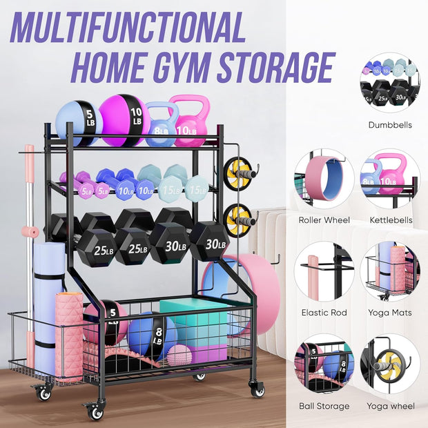 WUC Dumbbell Rack, Adjustable Weight Rack for Home Gym Storage for Dumbbells Kettlebells Yoga Mat & Balls, All in One Workout Equipment Storage Rack with Wheels, Powder Coated Steel, Black
