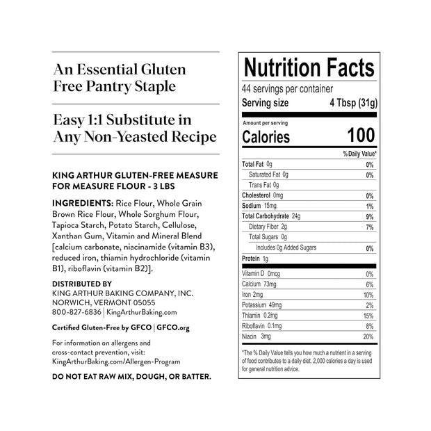 King Arthur Measure for Measure Gluten-Free Flour: All-Purpose 1:1 Substitute for Wheat Flour, Non-GMO, Kosher Certified, 3 lbs Bag for Baking Cookies, Cakes, Muffins