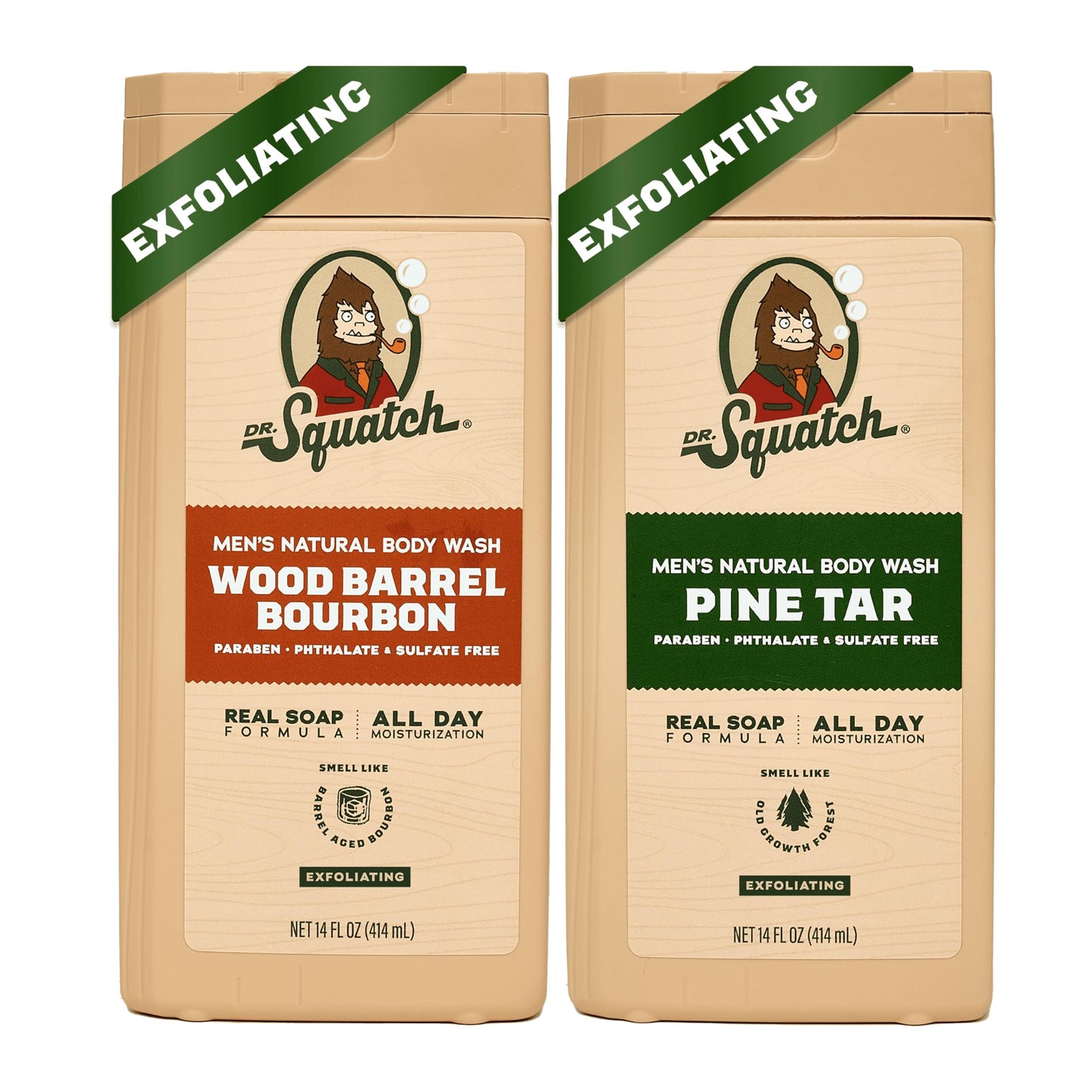 Dr. Squatch NEW Body Wash for Men with Nourishing, Natural Ingredients | No Paraben, Phthalate, Sulfate | All Day Moisture | Long Lasting Scent | Coconut Castaway & Wood Barrel Bourbon (14 oz, 2-Pack)