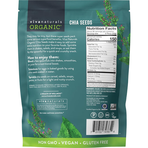 Viva Naturals Organic Chia Seeds 2 LBs - Plant-Based Omega-3 and Vegan Protein, Non-GMO Chia Seeds Organic Perfect for Smoothies, Salads and Chia Seed Pudding, Black Chia Seeds Bulk